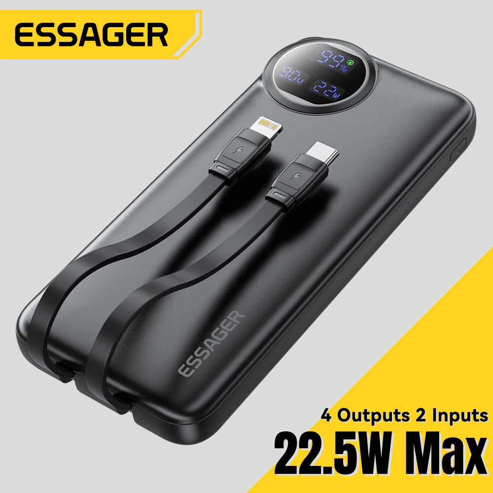 Essager 22.5W Power Bank 20000mAh with Two Built-in Cables Portable Charger For iPhone 15 Pro Max,Charge 4 Devices at Once 