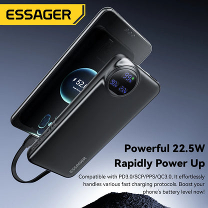 Essager 22.5W Power Bank 20000mAh with Two Built-in Cables Portable Charger For iPhone 15 Pro Max,Charge 4 Devices at Once ﻿