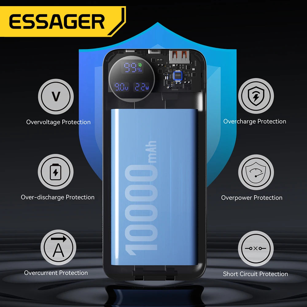 Essager 22.5W Power Bank 20000mAh with Two Built-in Cables Portable Charger For iPhone 15 Pro Max,Charge 4 Devices at Once ﻿